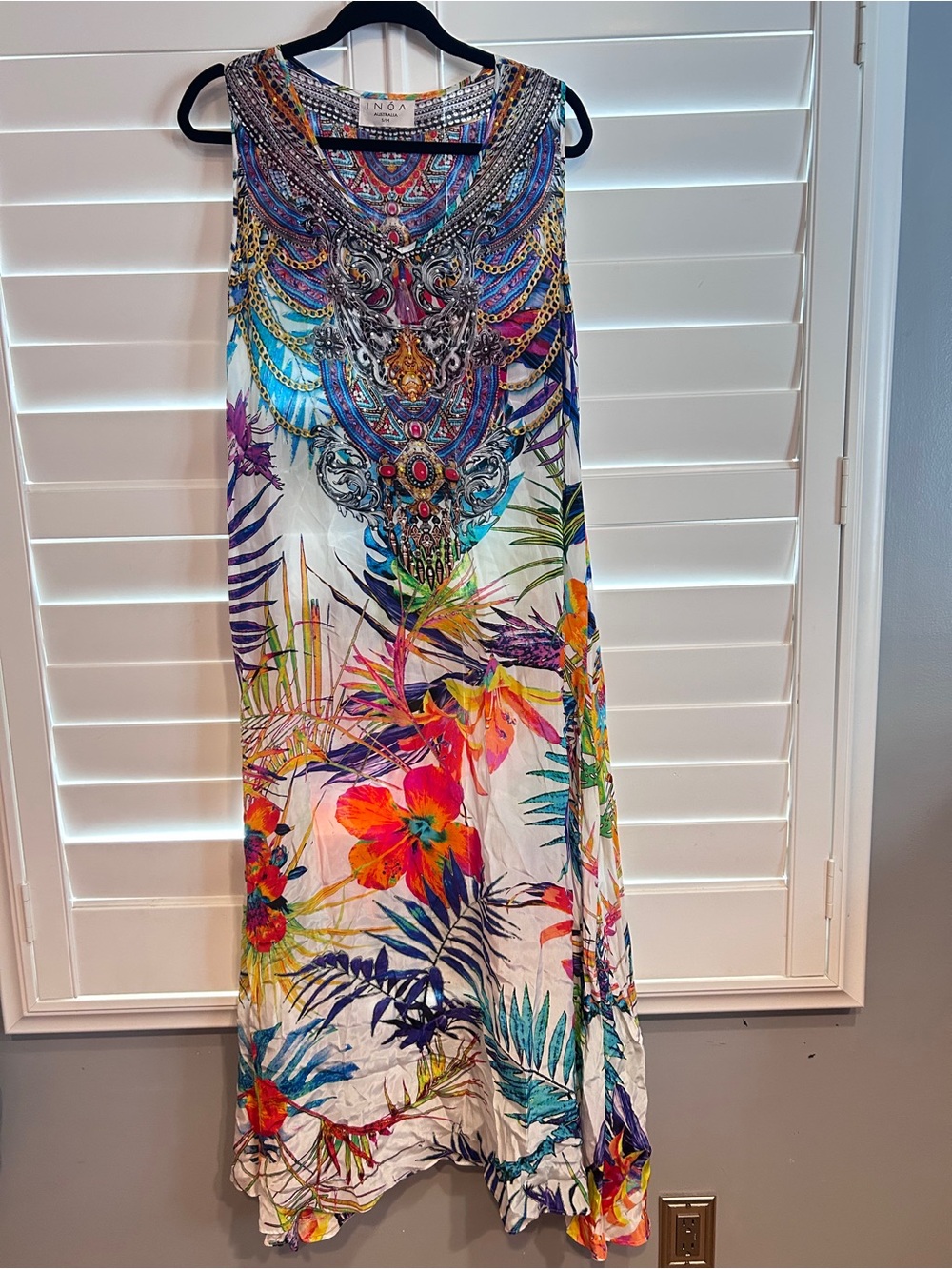 Inoa Australia 100% Silk Vibrant Floral Palm Print Caftan Blue White Multi S/M